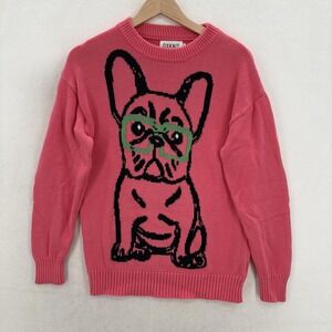 OXKNIT Sweater Womens Small Pink Cotton Crew Neck Bulldog Graphic Knit Pullover